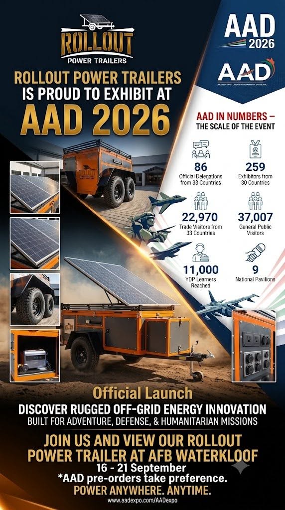 Rollout Power Trailers exhibiting at AAD 2026, AFB Waterkloof, 16–21 September