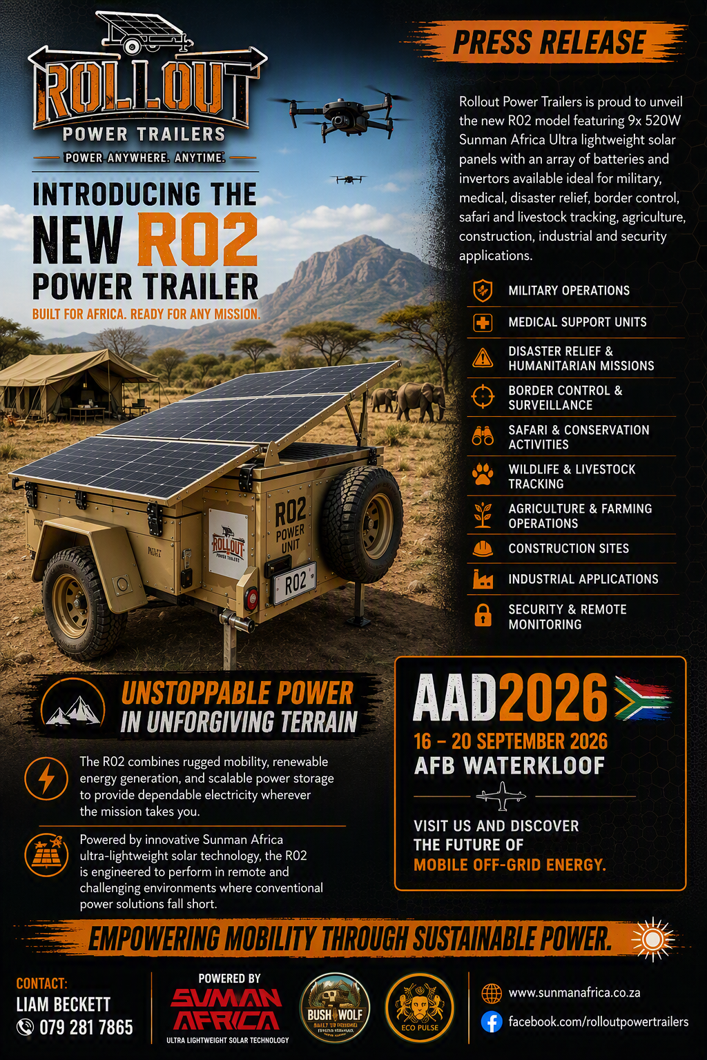 Rollout Power Trailers press release — introducing the new R02 Power Trailer with 9 × 520W Sunman Africa solar panels, at AAD 2026